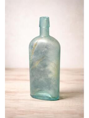 Antique 1880s Aqua Glass Coffin Flask Apothecary / Liquor Bottle, 3.5x2x9”